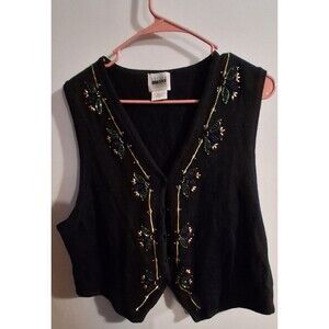 Leslie Fay Black Beaded Button Up V-neck Sweater Vest Sz 1X